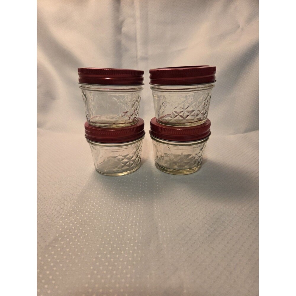 (4) Mason Quilted 4oz Jars w/Red Lids & Bands Suitable For Canning Storage